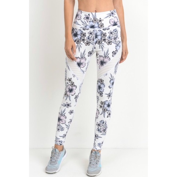 White Floral Print Moto Mesh Leggings - Picture 3 of 6